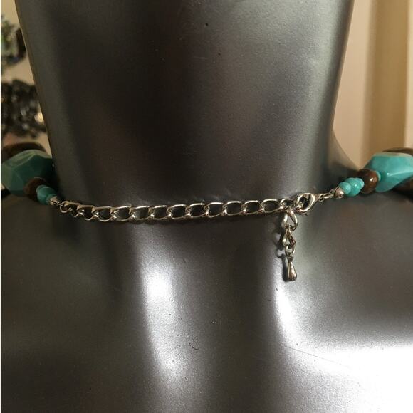 Chunky Faux Turquoise & Tiger Eye Statement Necklace Adjustable 22 to 26" - Picture 2 of 4